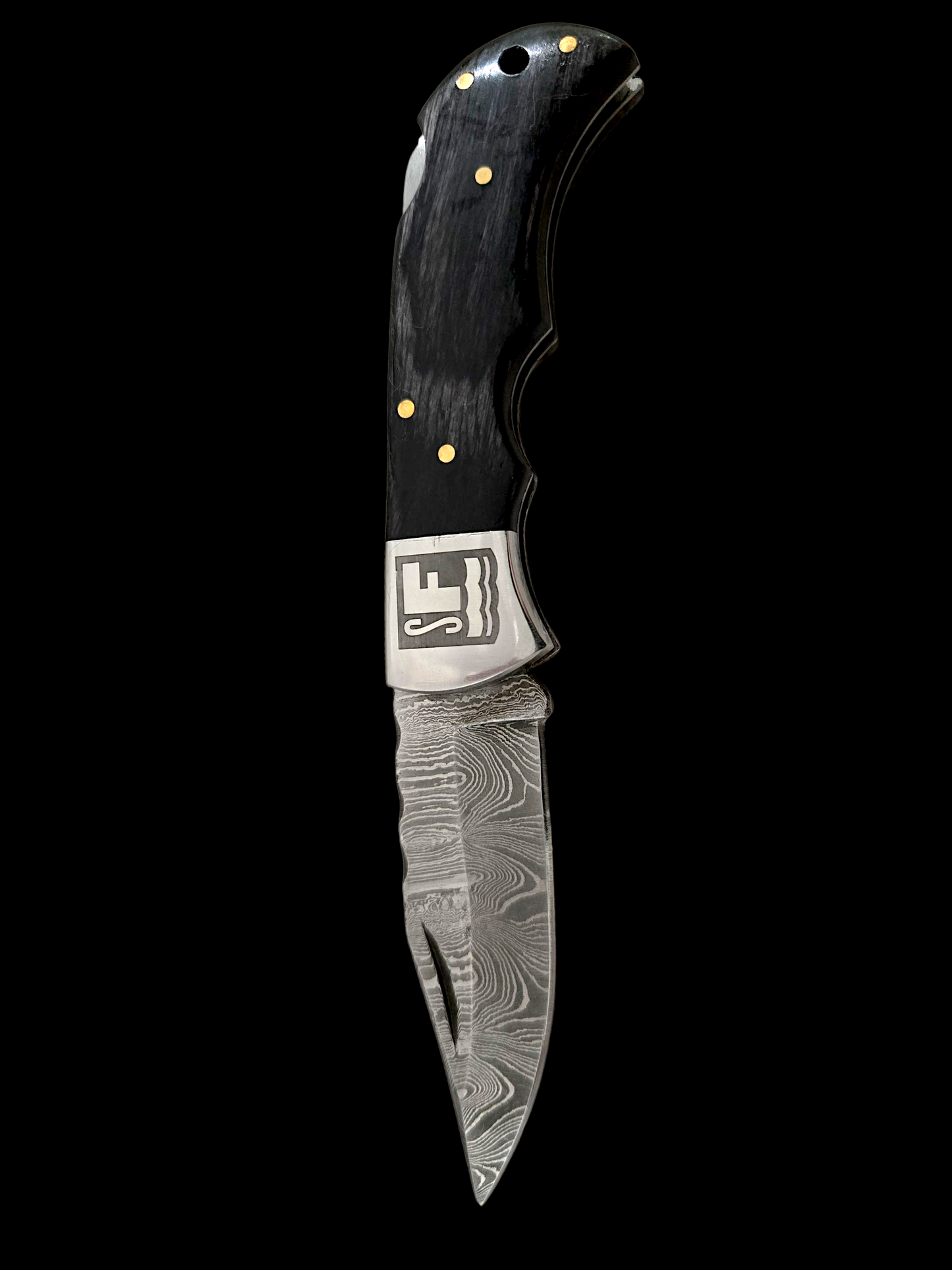 Something's Fishy Branded
Damascus Folding Pocket knife with black wood handle