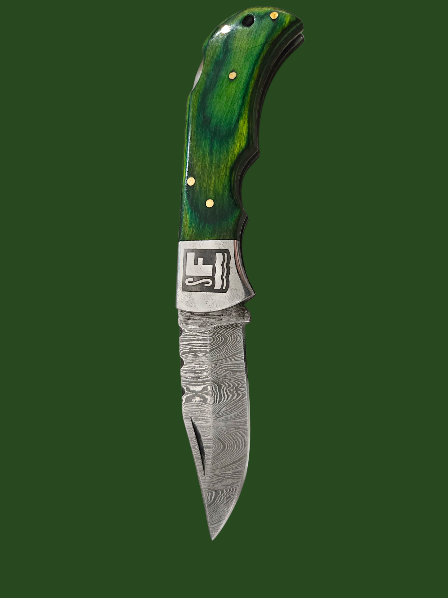 Something's Fishy Branded
Damascus Folding Pocket knife with green handle