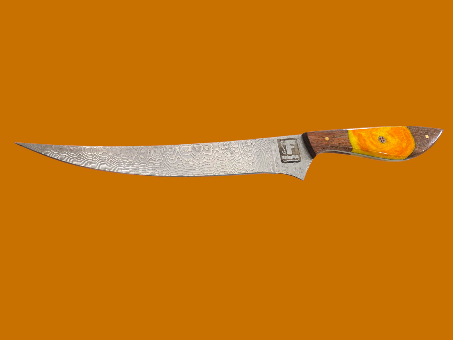 Something's Fishy Branded
14" Stainless steel Damascus Fillet knife twist pattern 256 layers with full tang, orange and yellow swirl resin on wood handle with mosaic pin.