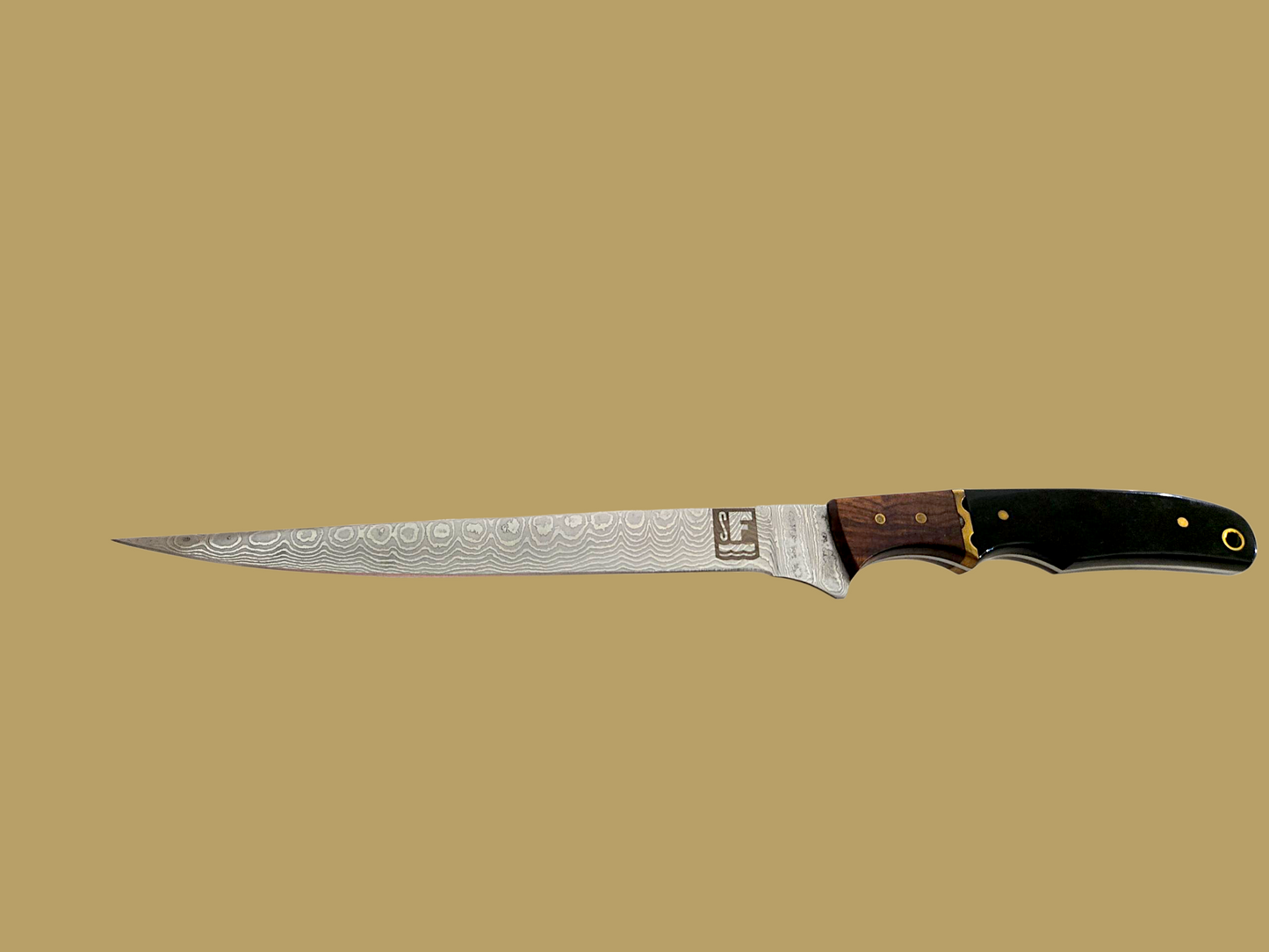 Something's Fishy Branded
14" Stainless steel Damascus Fillet knife twist pattern 256 layers with full tang, with black resin and brass with natural wood handle handle with finger grips.