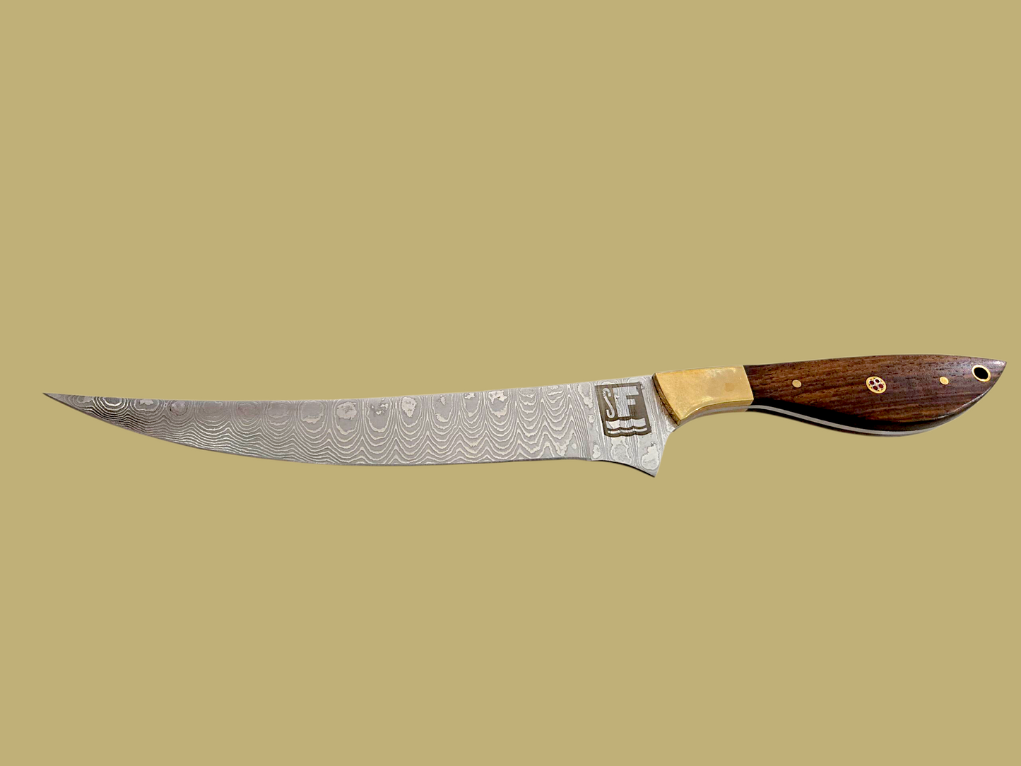 Something's Fishy Branded
14" Stainless steel Damascus Fillet knife twist pattern 256 layers with full tang, brass and wood handle with mosaic pin.