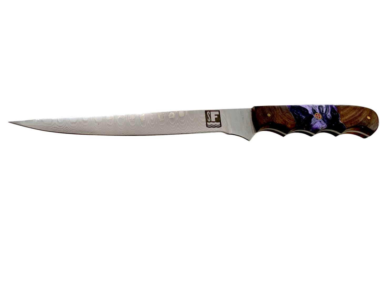 Something's Fishy Branded
14" Stainless steel Damascus Fillet knife
with 256 layers with full tang, mosaic pin and purple and white resin swirl on a wood handle with finger grips.