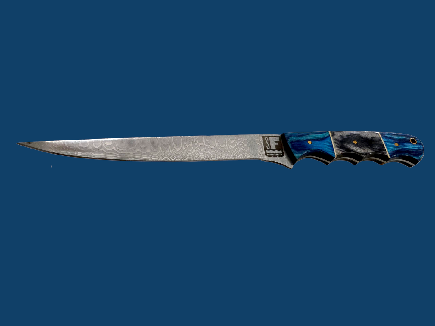 Something's Fishy Branded
14" Stainless steel Damascus Fillet knife twist pattern 256 layers with full tang, two tone blue and black wood finish.