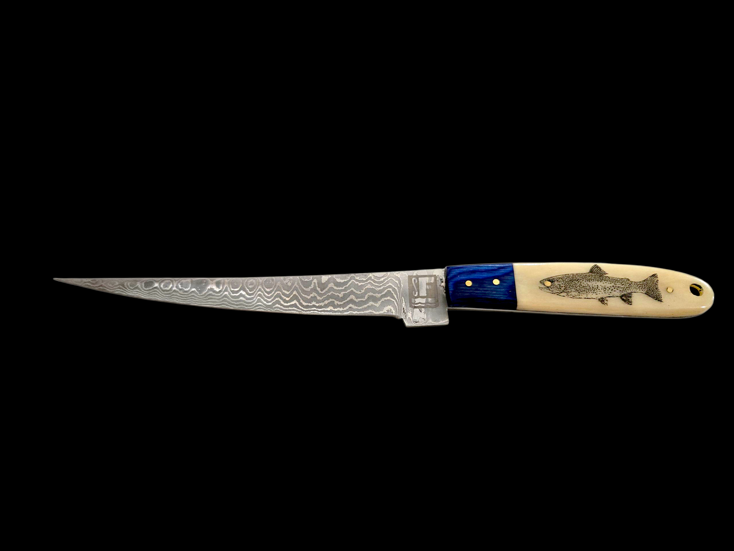 Something's Fishy Branded
14" Stainless steel Damascus Fillet knife twist pattern 256 layers with full tang, etched Trout Fish on Bone handle with blue wood finish.