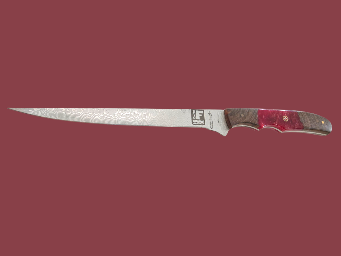 Something's Fishy Branded
14" Stainless steel Damascus Fillet knife twist pattern 256 layers with full tang, with Amber resin handle with finger grips, and mosaic pin.