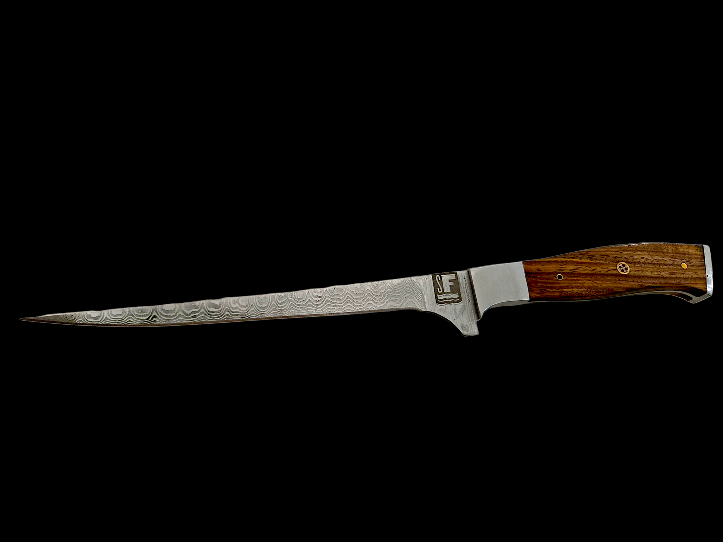 Something's Fishy Branded
14" Stainless steel Damascus Fillet knife twist pattern 256 layers with full tang, thin profile blade, wood handle with steel base and mosaic pin.