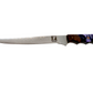 Something's Fishy Branded 
14" Stainless steel Damascus Fillet knife
with 256 layers with full tang, mosaic pin and purple and white resin swirl on a wood handle with finger grips. 