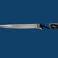 Something's Fishy Branded 
14" Stainless steel Damascus Fillet knife twist pattern 256 layers with full tang, two tone blue and black wood finish.