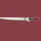 Something's Fishy Branded 
14" Stainless steel Damascus Fillet knife twist pattern 256 layers with full tang, with Amber resin handle with finger grips, and mosaic pin.