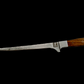 Something's Fishy Branded 
14" Stainless steel Damascus Fillet knife twist pattern 256 layers with full tang, thin profile blade, wood handle with steel base and mosaic pin. 